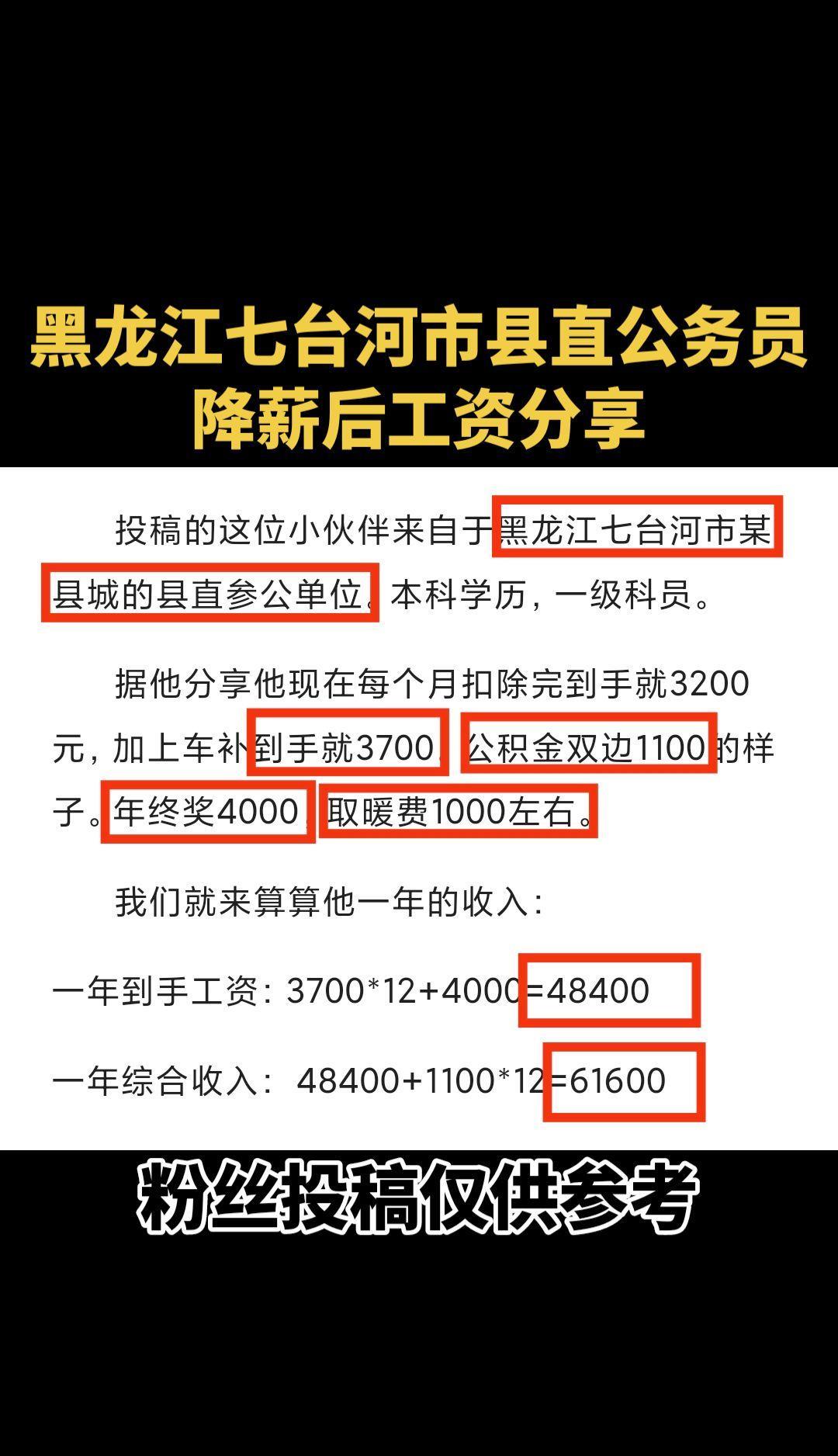 #黑龙江七台河市县直公务员工资分享#公务员降薪#公务员工资待遇#黑龙江公务员工资