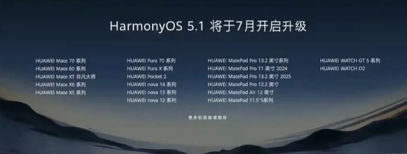鸿蒙5.1系统将于7月份陆续升级，预计到年底的11月份鸿蒙6.0系列也将正式和大