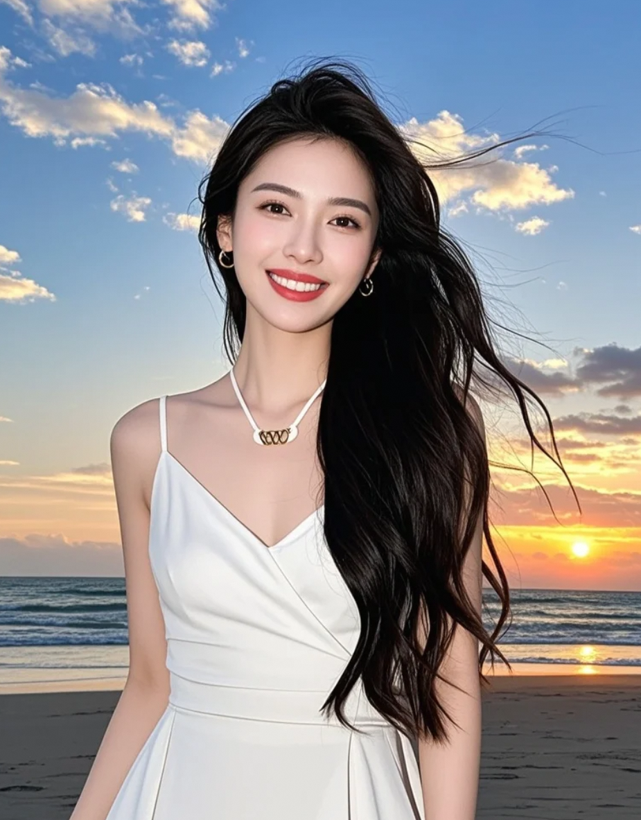 夕照熔金，白裙与长发在渐变色的海天间起舞