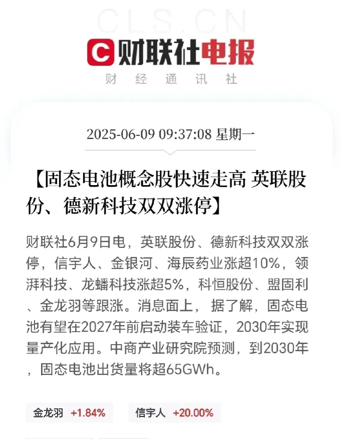 一觉醒来，固态电池真的来了，目前，各大固态电池相关概念股正在疯狂上涨。
现在已宣