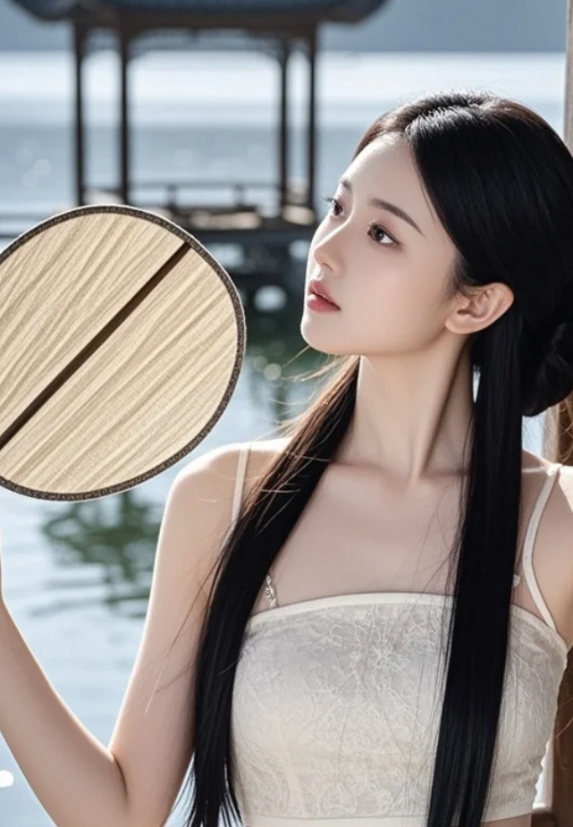 她的扇子一挥，仿佛整个湖边都为她驻足