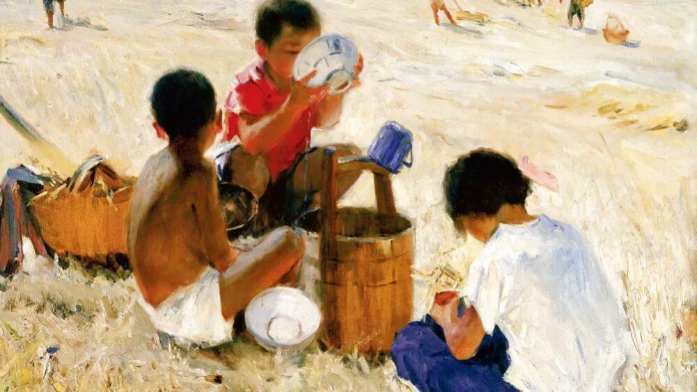 中国美术馆经典油画《麦收》，金黄麦浪上的孩子，一代人的集体记忆，西方油画技巧与中国传统艺术精神巧妙融
