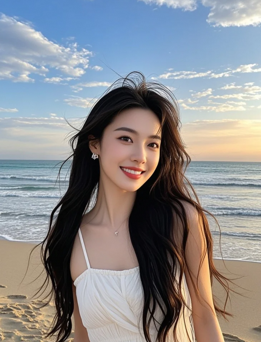 一步一印，长发与白裙在沙滩上写下无字的诗