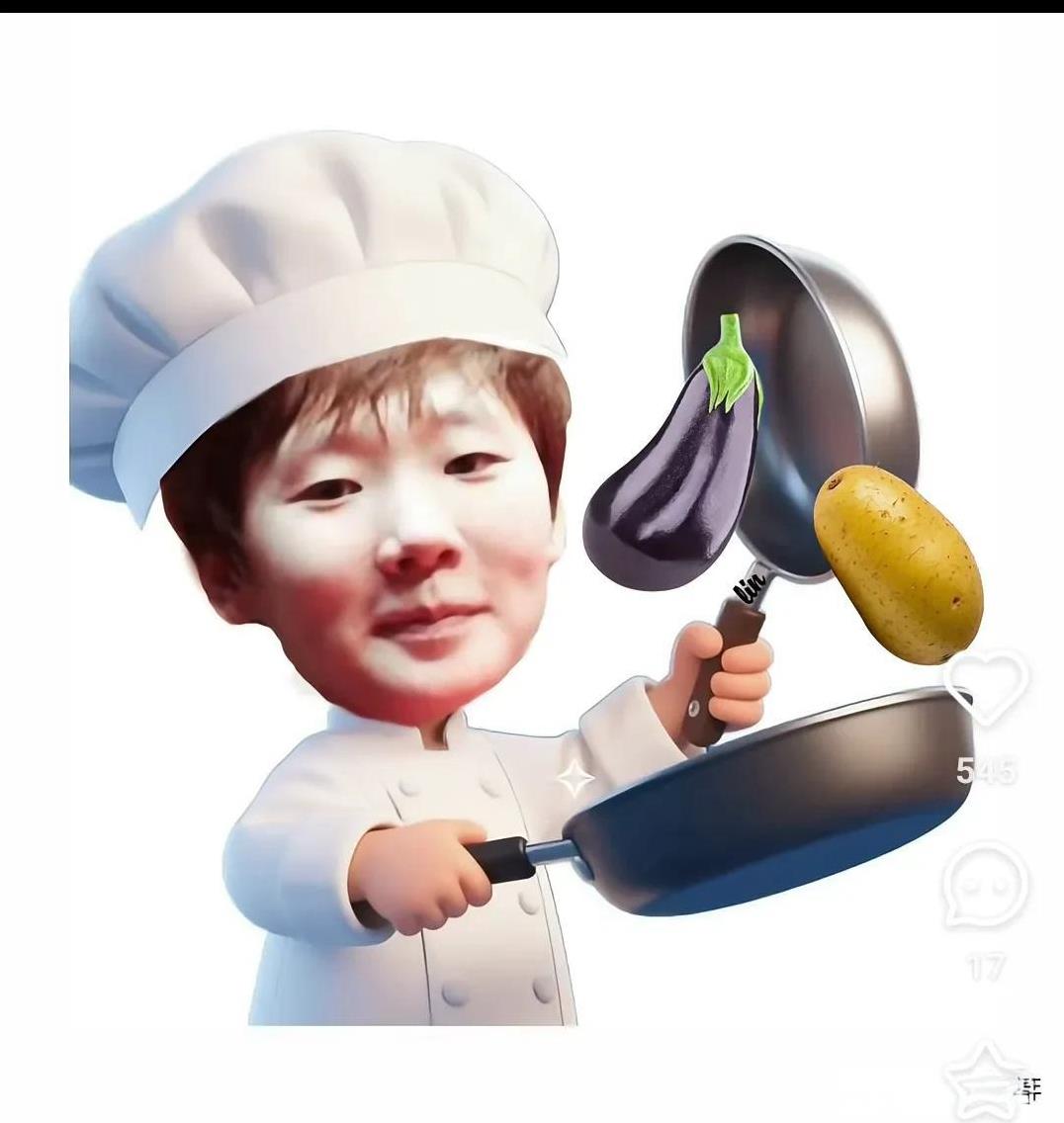 小姐姐热身半天
不上场了
你是准备当大厨做土豆炖茄子吗？
味道怎么样？
今天中午
