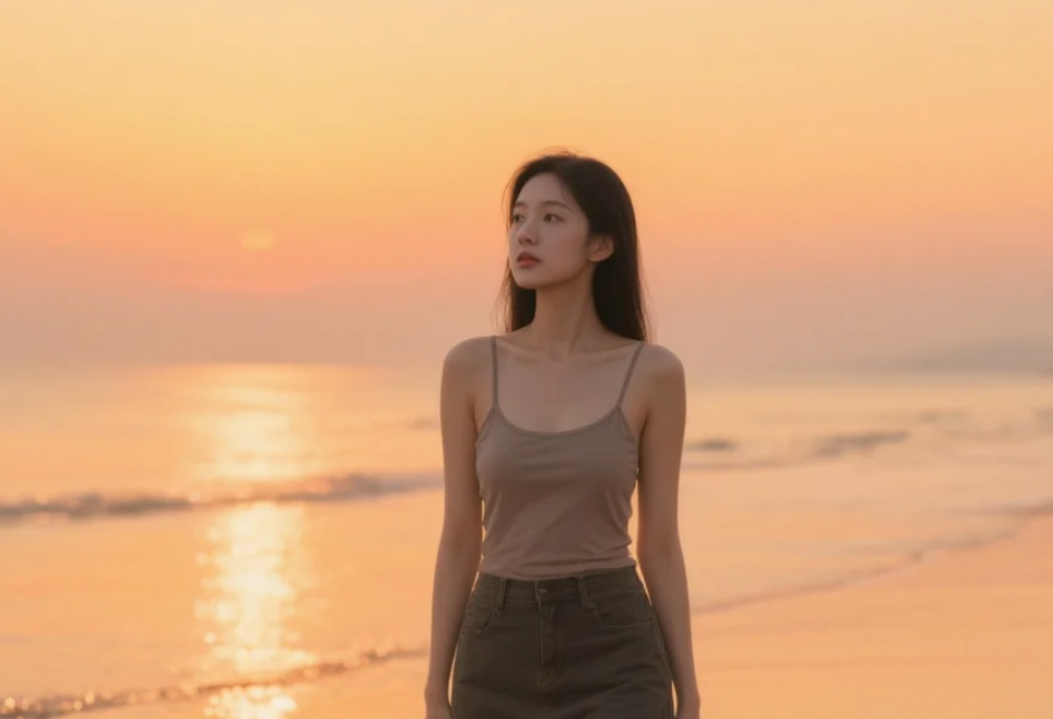 在海天一色的背景下，她的美更加突出