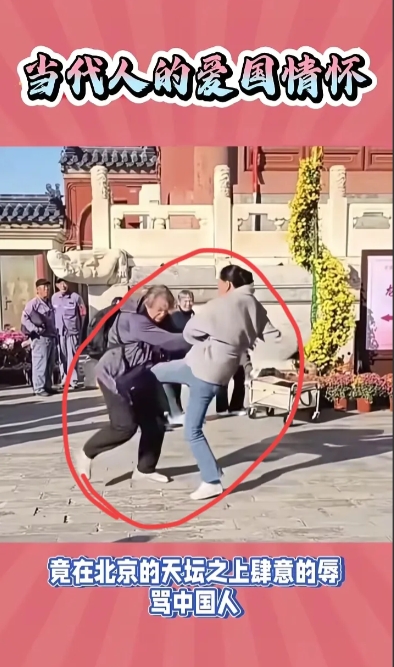 在北京地坛景区，发生了一件让人气愤的事情。一名外国游客辱骂国人，没想到遭到一对中