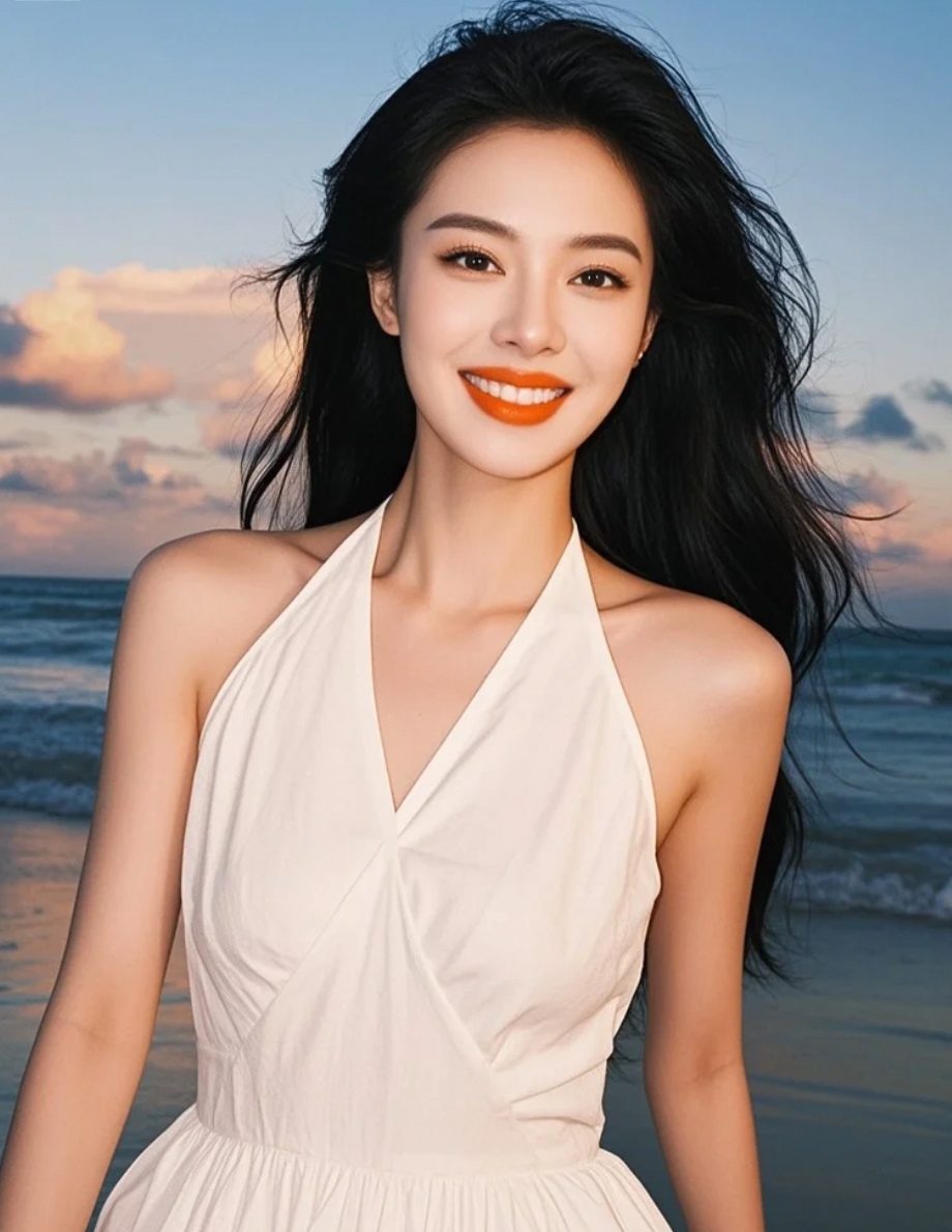 裙角追着浪花跑，夕阳在发梢跳跃