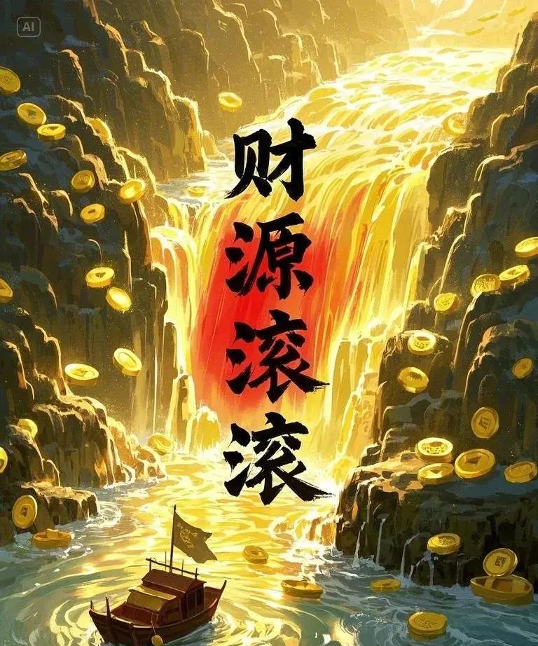 《红底黑字壮财源，》
金币河响财富传。
财宝船行顺流下，
旗帜飘扬好运连》
财源