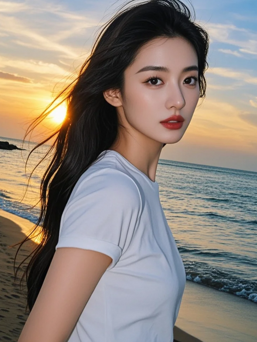 浪退时她追着跑，长发在背后拉直如黑色的浪尖