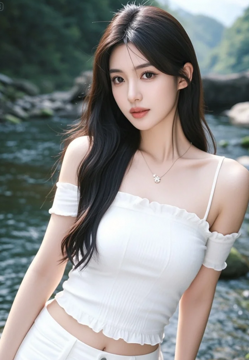 溪水潺潺，她赤脚踩过清波，像一首流动的青春诗。