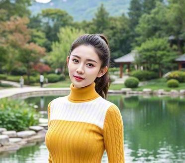 湖边漫步，黄衫少女，静美如画。