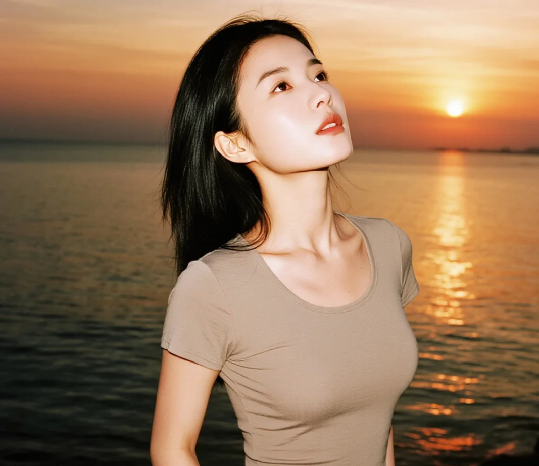 黄昏海边的时尚精灵：捕捉每一个迷人的瞬间