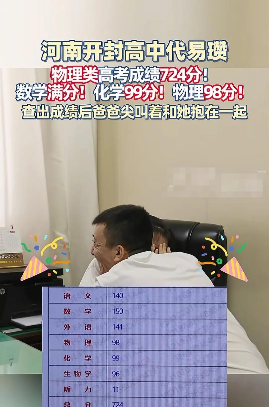 河南开封一女生代易瓒高考成绩724分，数学竟然满分，真是太厉害了！
从“大象新闻