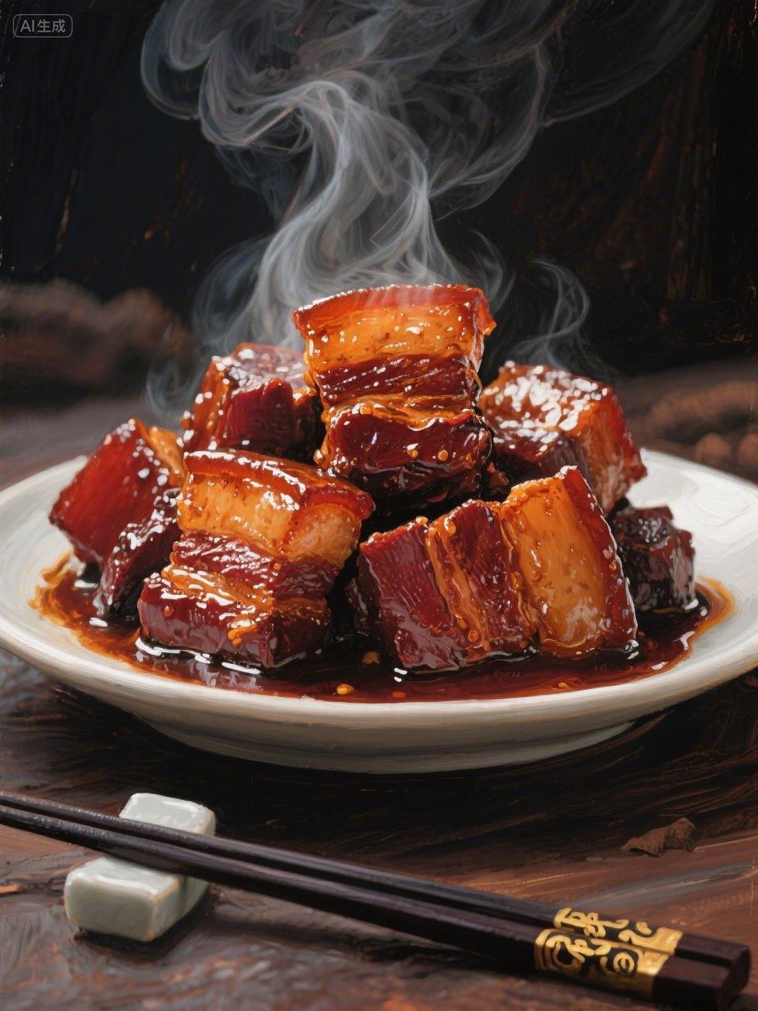 隔屏香—诱人的红烧肉
红酥剔透韵悠长，热气蒸腾绕案梁。
未品已然涎欲滴，隔屏犹觉