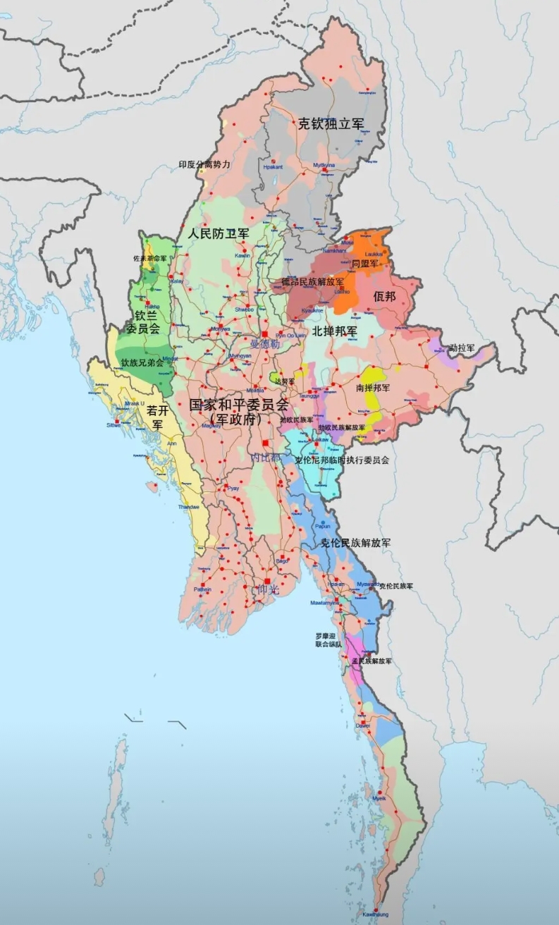 缅甸各路军阀的势力范围
现在还在互殴的“中央军”就有两个，还有各地割据的军阀，这