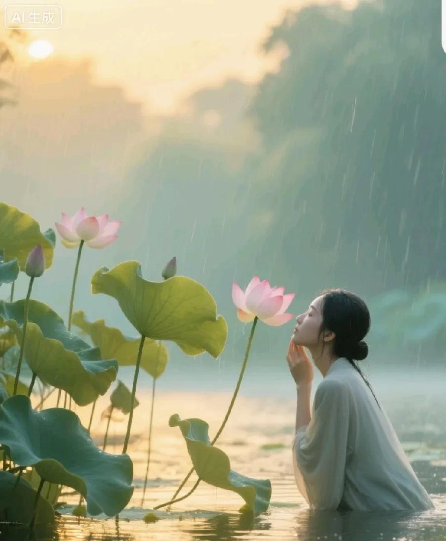 荷畔听禅：一场雨，半阙禅，等不到归人
雨丝织成薄纱，裹住满塘青莲
我立在烟水深处