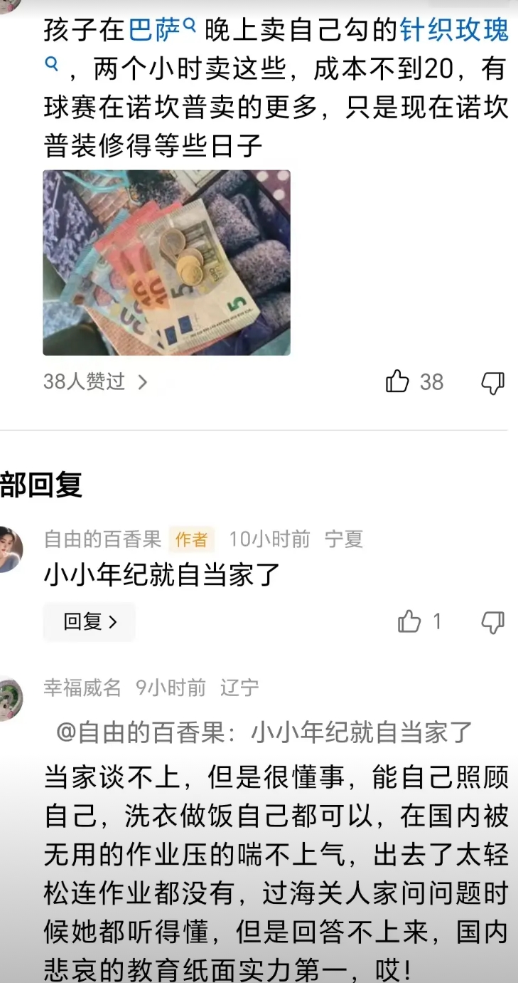 有殖人炫耀自己的孩子小小年纪，就能在国外摆摊卖工艺品赚钱，痛斥中国的教育，高兴的