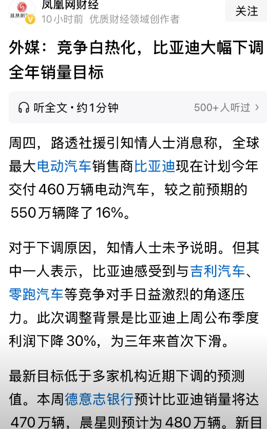 比亚迪下调了全年销量目标，
已经从550万辆下调到了460万辆，
这次的主动下调