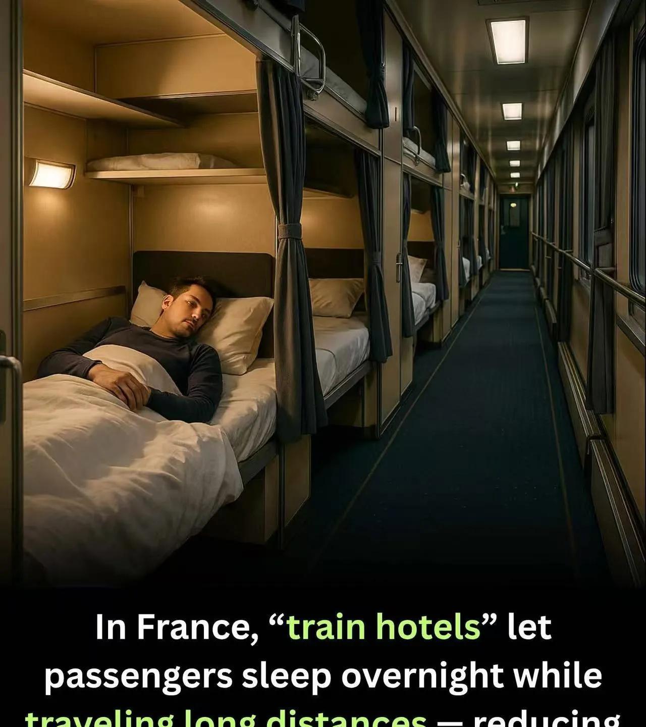 在法国，现在流行一种火车旅馆，按舒适度也可以分为好几个等级。
这样的一种旅行方式