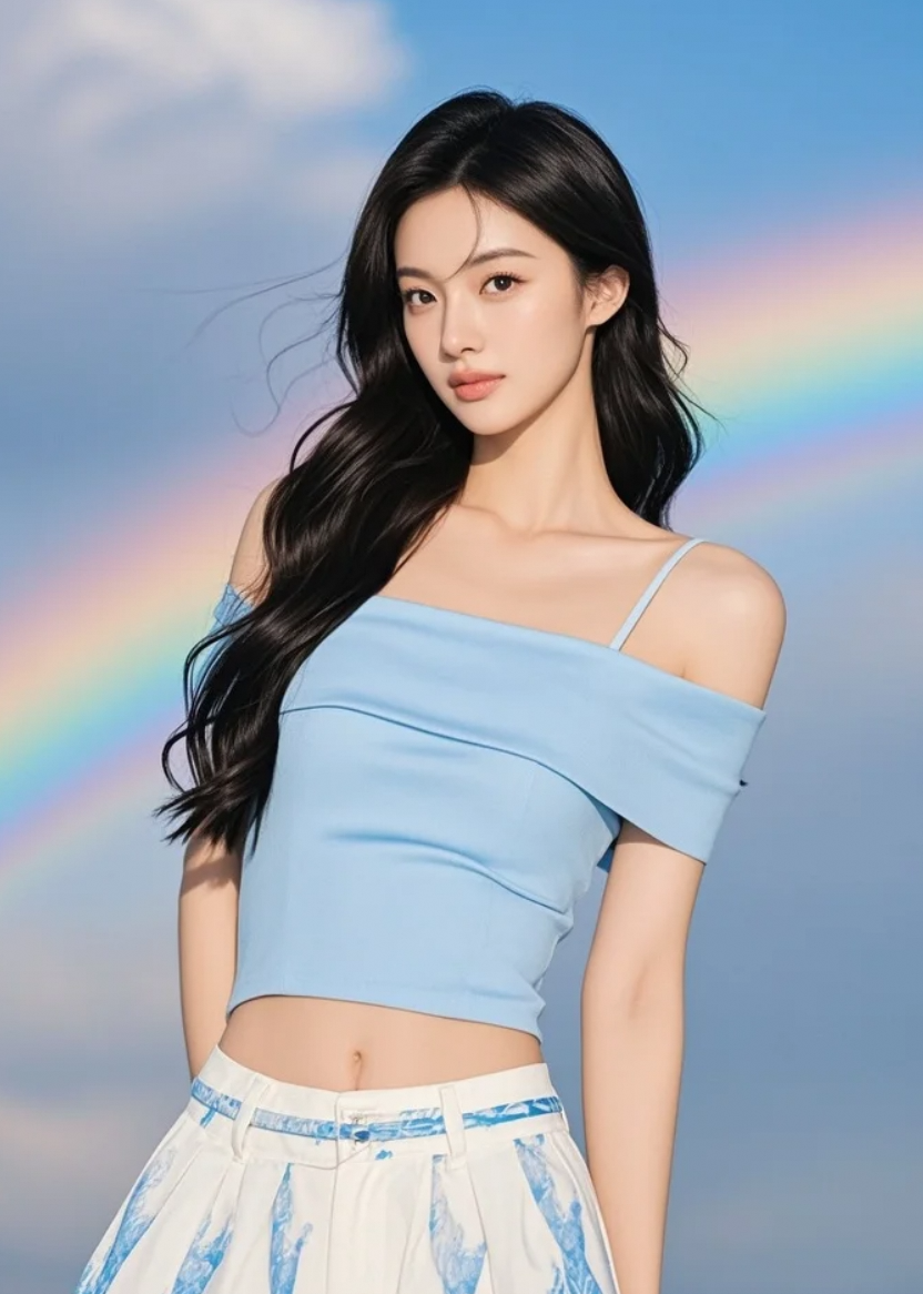 她伸出手，仿佛能触摸到那遥不可及的七彩梦。