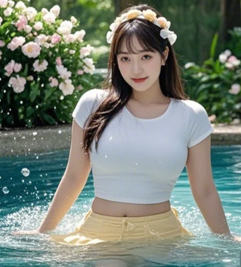 温泉女神身姿曼妙，腰臀曲线尽显健康之美