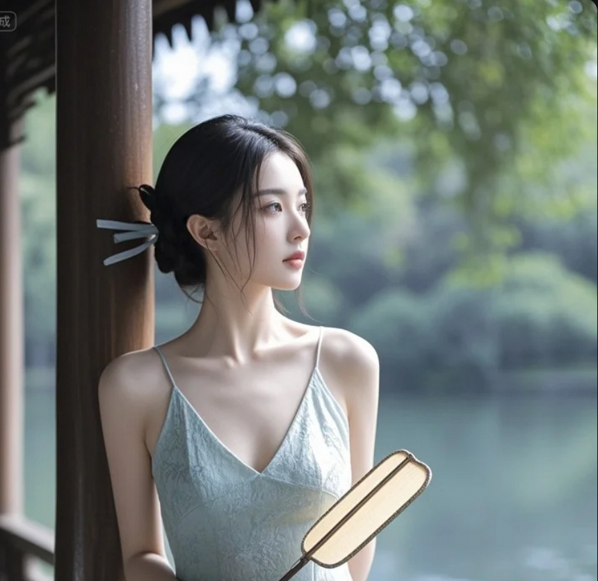 她站在湖边，像一首被风吹散的词