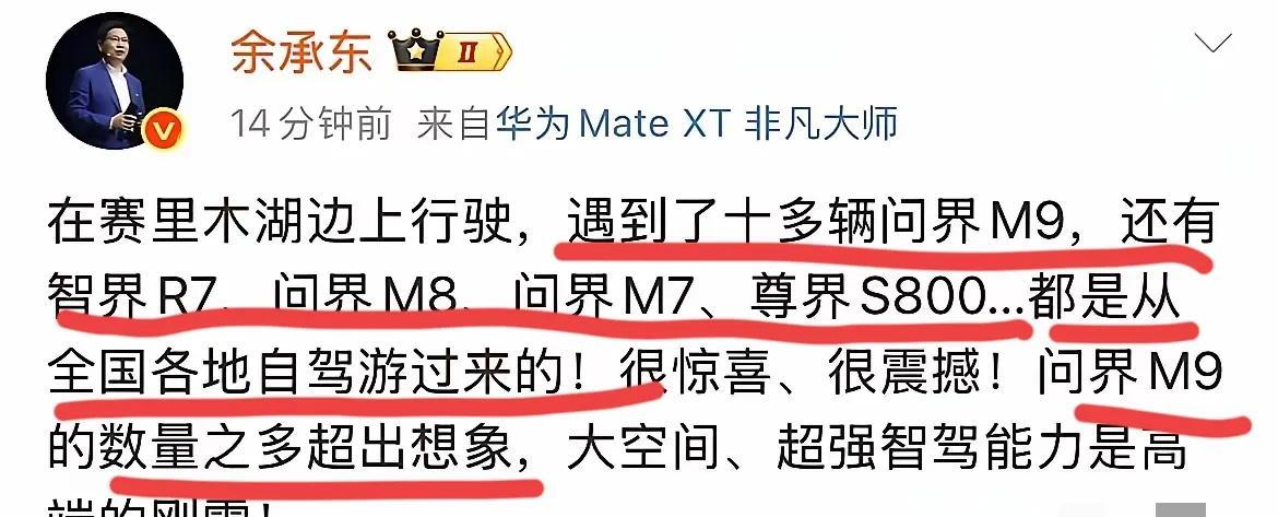 打脸有点响了，余承东一条发文扇醒了多少人？
去一趟赛里木湖，遇到十多辆问界M9，
