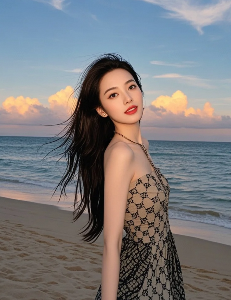 阳光活力的长发美人，亲和笑容治愈海岸