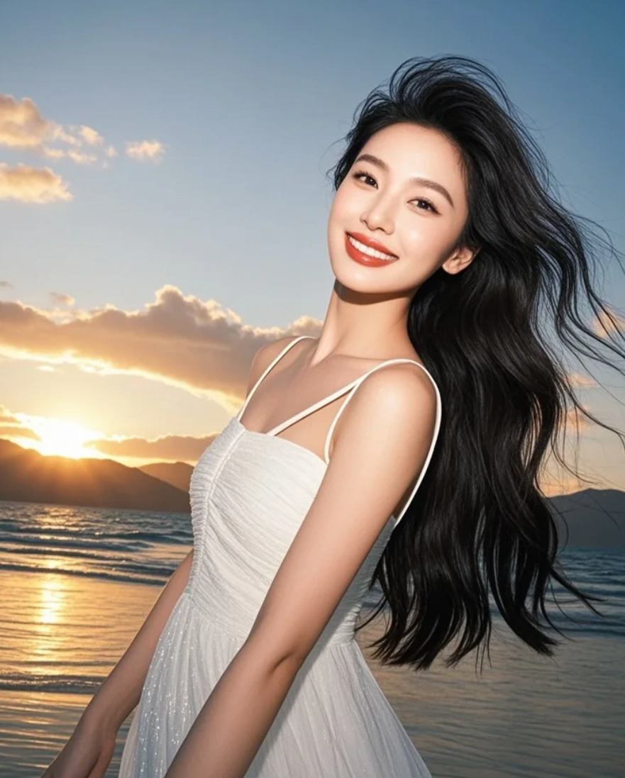 发丝与白裙在风中形成流动的、交织的线条