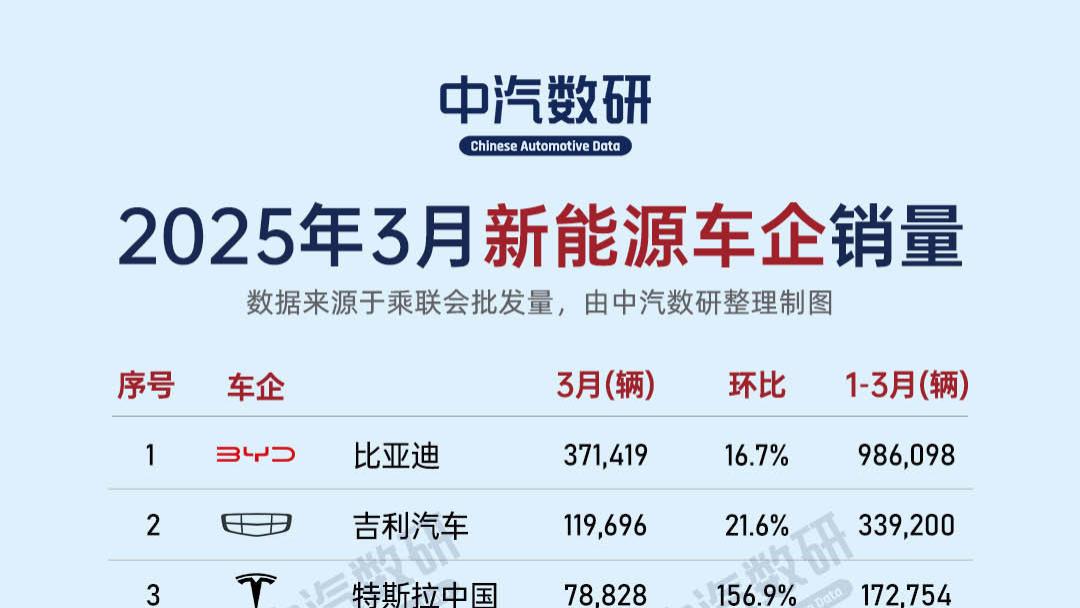 2025年3月新能源车企销量（乘联会批发量）