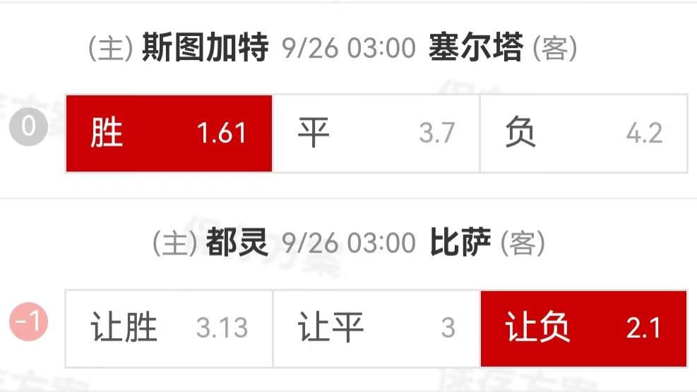 {一脚球}竞彩推荐：斯图加特VS维戈塞尔塔+都灵VS比萨