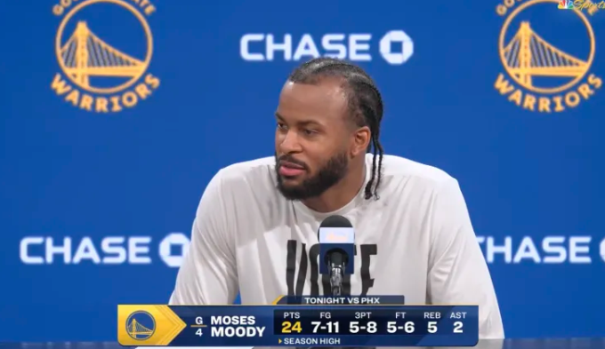 NBA常规赛，勇士118-107击败太阳。
赛后勇士球员摩西-穆迪在接受记者采访