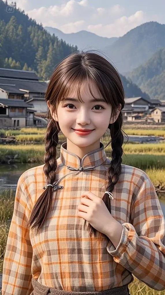 《村姑》
山村姑娘辫子长，
穿着朴素面容靚。
纯洁善良还能干，
…………？
拋砖