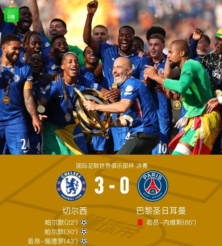 恭喜切尔西夺冠

一觉醒来切尔西居然3-0大胜赛前被一致看好的巴黎圣日耳曼，拿到