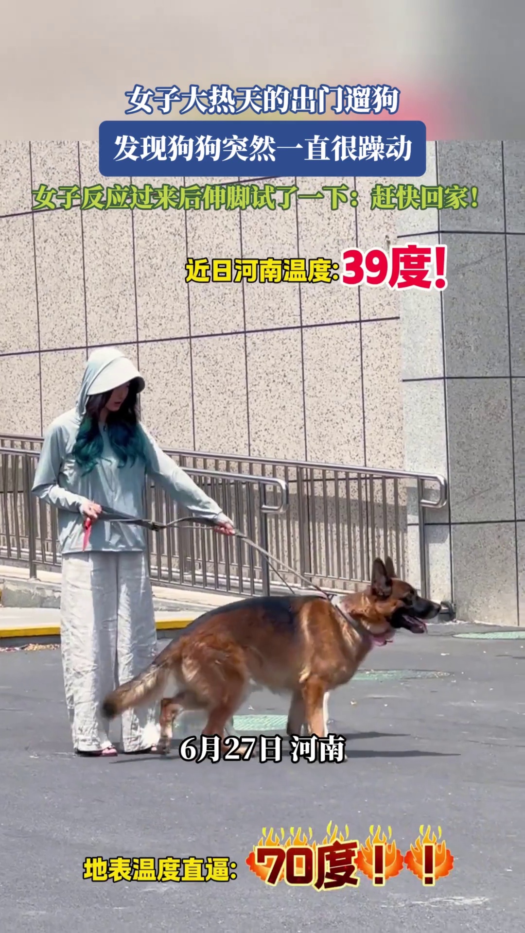 女子大热天的出门遛狗，发现狗狗突然一直很躁动，女子反应过来后伸脚试了一下：赶快回