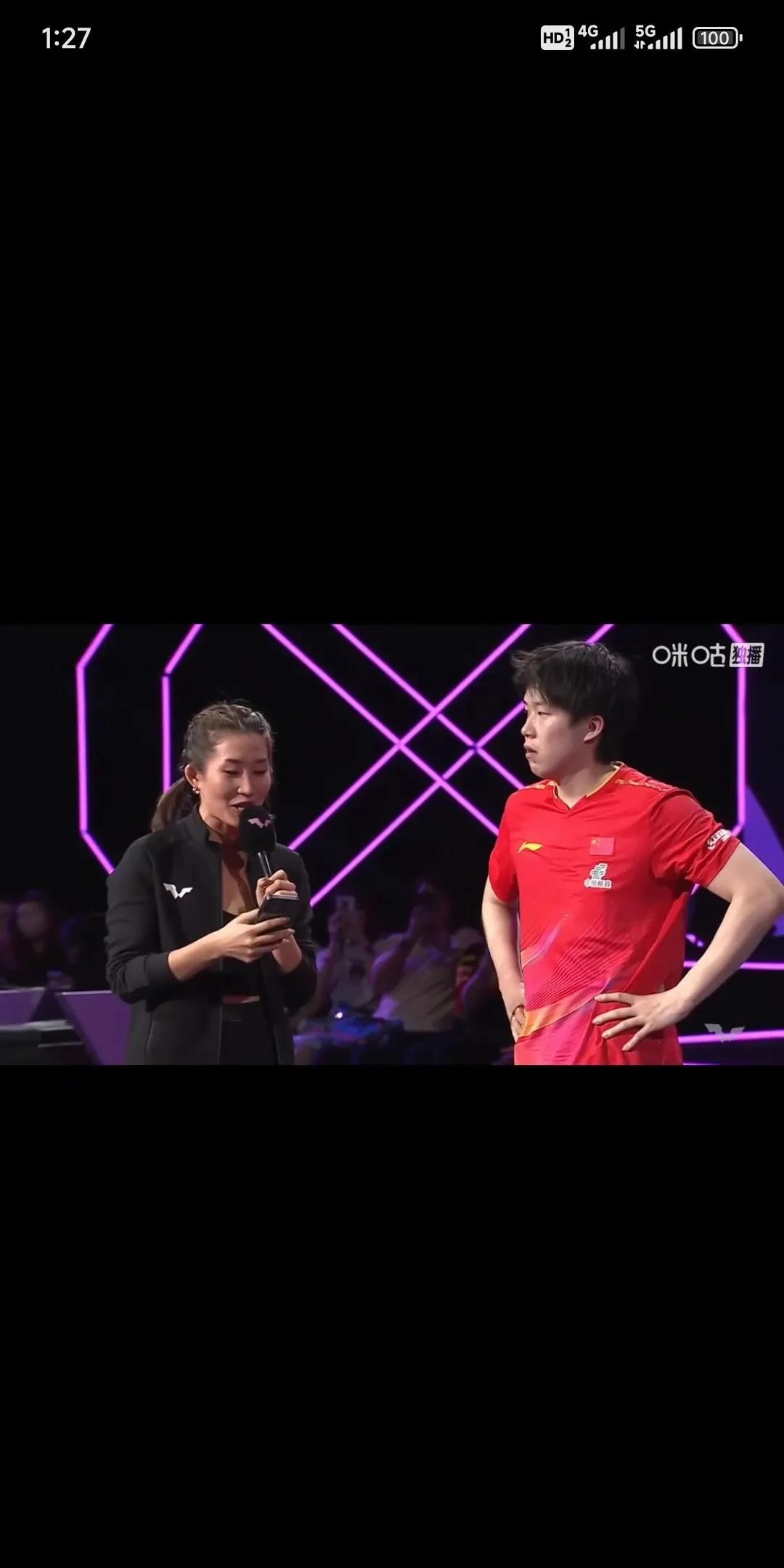 王楚钦4:1胜户上后，
主持人问:
王楚钦这是你wtt100场胜利！
有个感想？