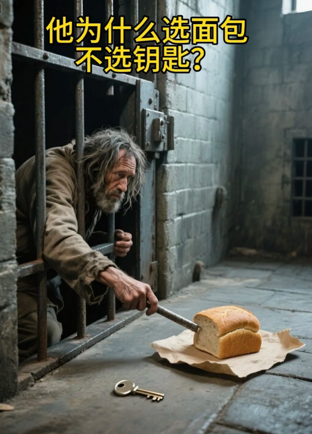 前面放了一块面包和钥匙，但是这位老人没有去拿钥匙开门，而是选择了面包，大家说这是