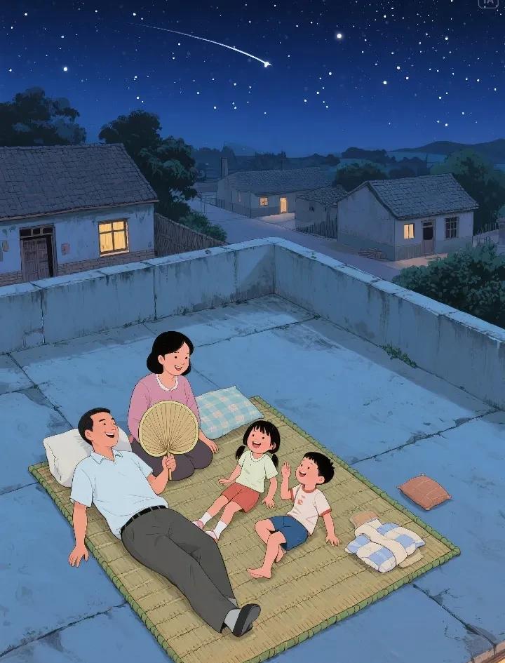 那年夏天的老屋顶像张大凉席
竹席一铺 全家躺成歪歪扭扭的糖葫芦串
妈妈的蒲扇吱呀