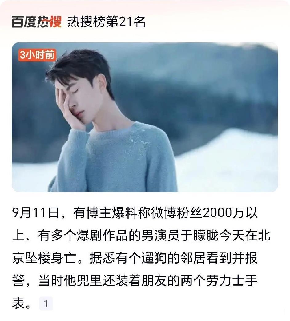 于朦胧被传坠亡，我第一反应就是他患了抑郁症。
于朦胧这个演员我知道，因为他当年和
