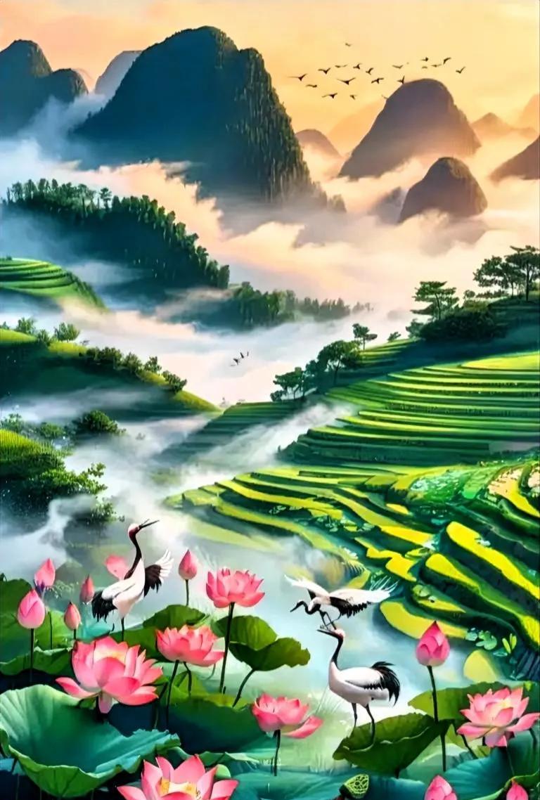 云上梯田荡紫烟，
翩跹野鹤戏荷鲜。
成群紫燕青峰舞，
……………[鼓掌][福]