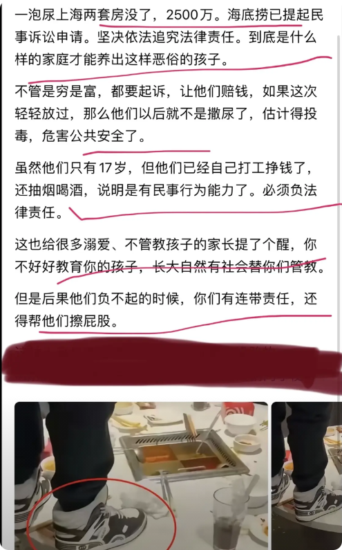 一泡尿上海两套房没了，2500万。海底捞已提起民事诉讼申请。坚决依法追究法律责任