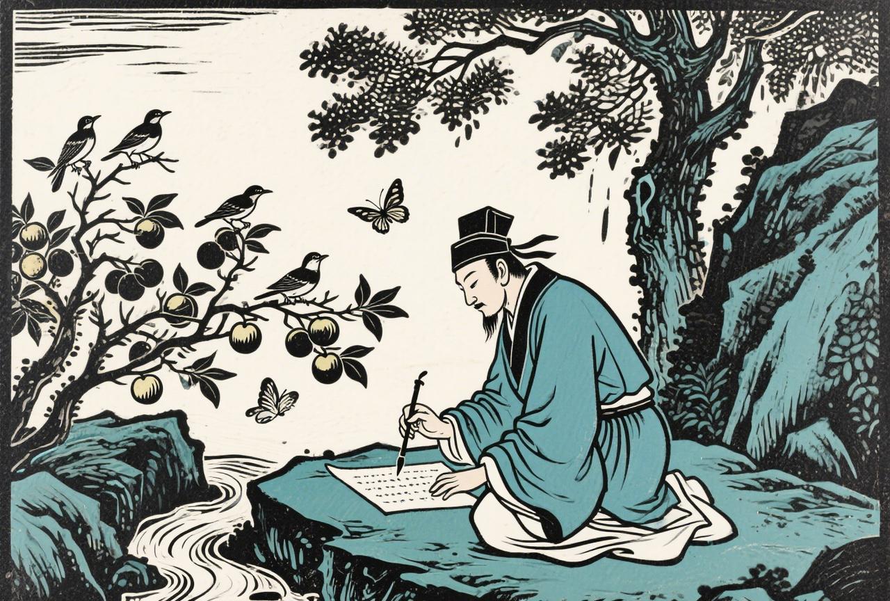 一个书生，在幽静的山林中隐居，采摘野果充饥，饮用山涧中的泉水。
有一天，他写信给