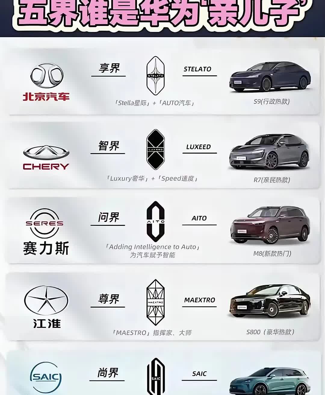 在华为的五界汽车中，问界通常被认为是华为的“亲儿子”。

问界是华为与赛力斯