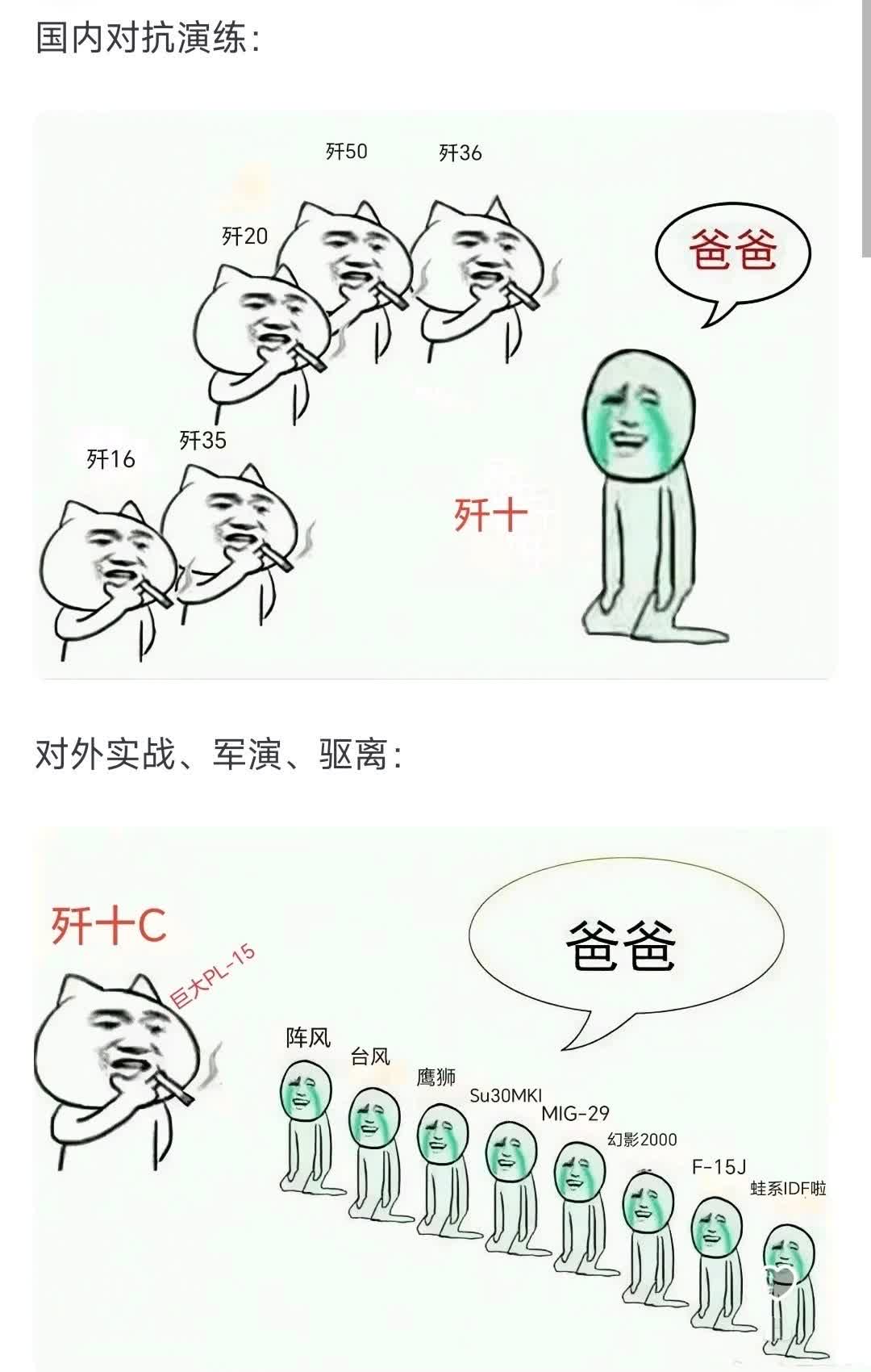 这是歼10在国内外不同的表现！

在国内对抗演练，歼10对其他战机喊爸爸；

