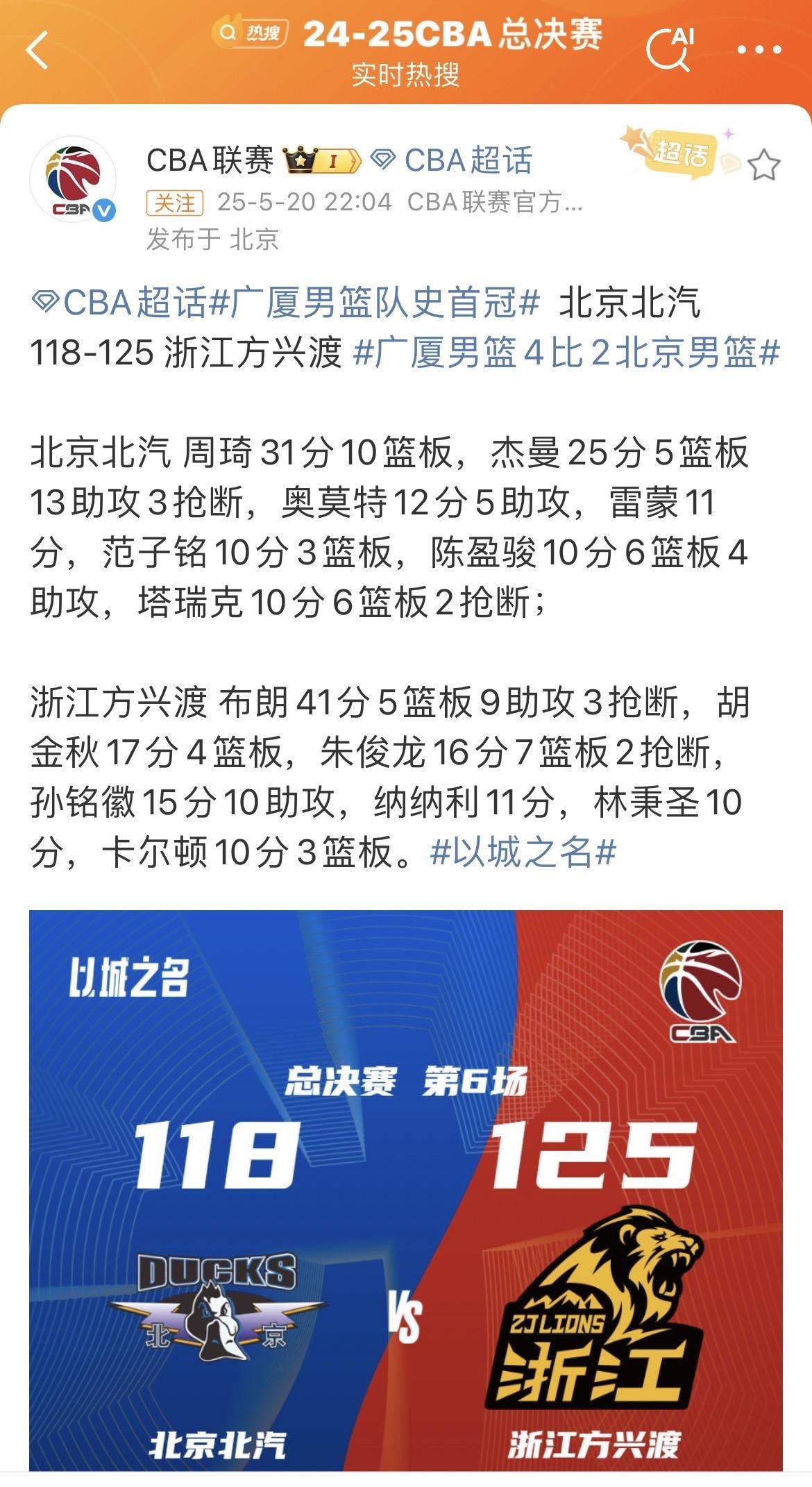 2024-2025CBA总决赛亚军北京北汽队台湾球员陈盈骏本场比赛数据：10分6