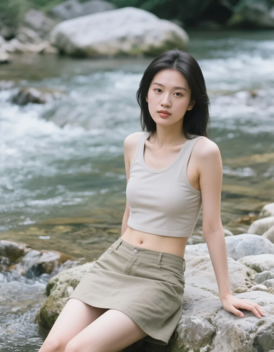 岩石上的亚洲美女，自然清新的美好瞬间