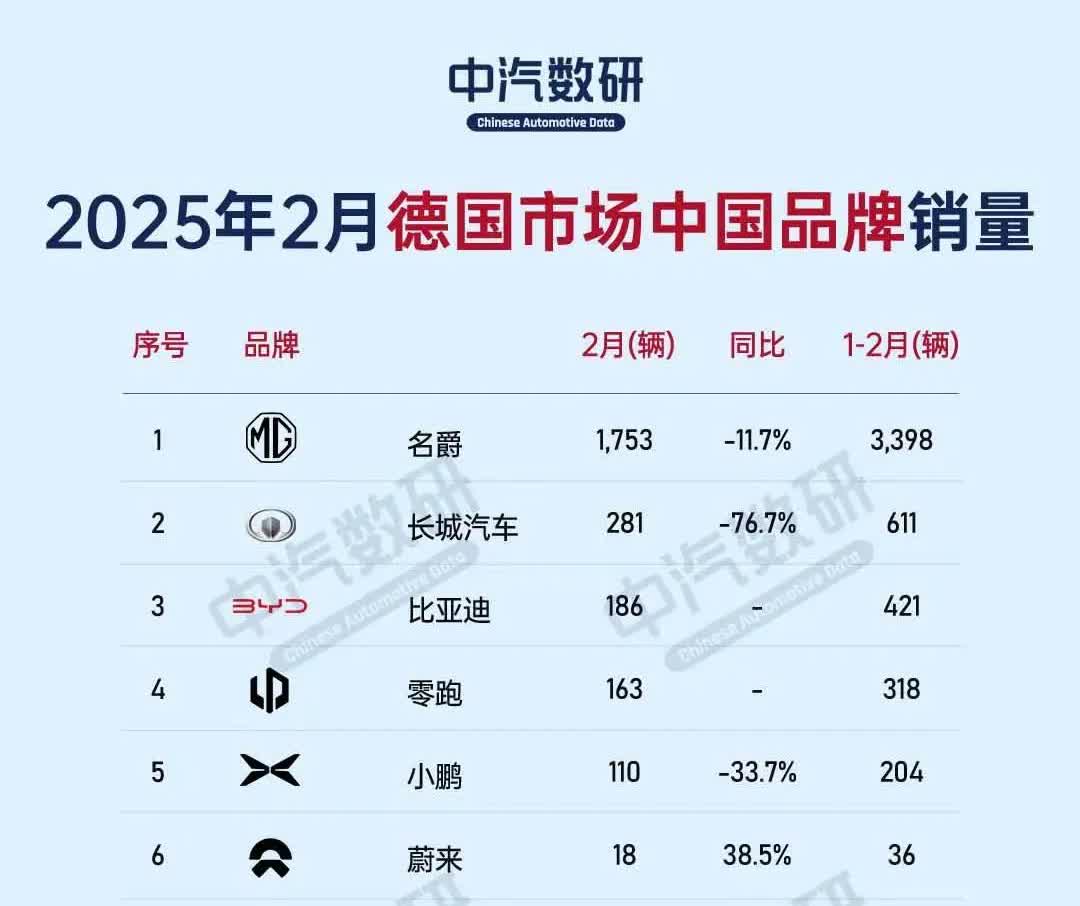 首次看到德国市场国产品牌2月销量榜单，竟然是这般景象。

合计销量才0.2万