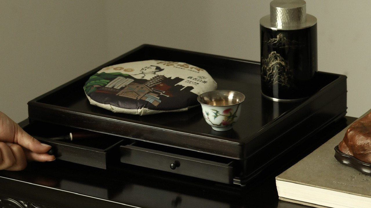 文房雅器，小器大作，紫光檀带屉都承盘