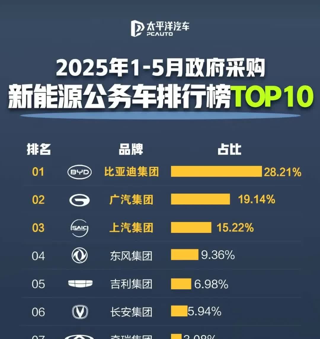 公务员都在开什么车？根据2025年1-5月上险数据：

1、比亚迪，占比28