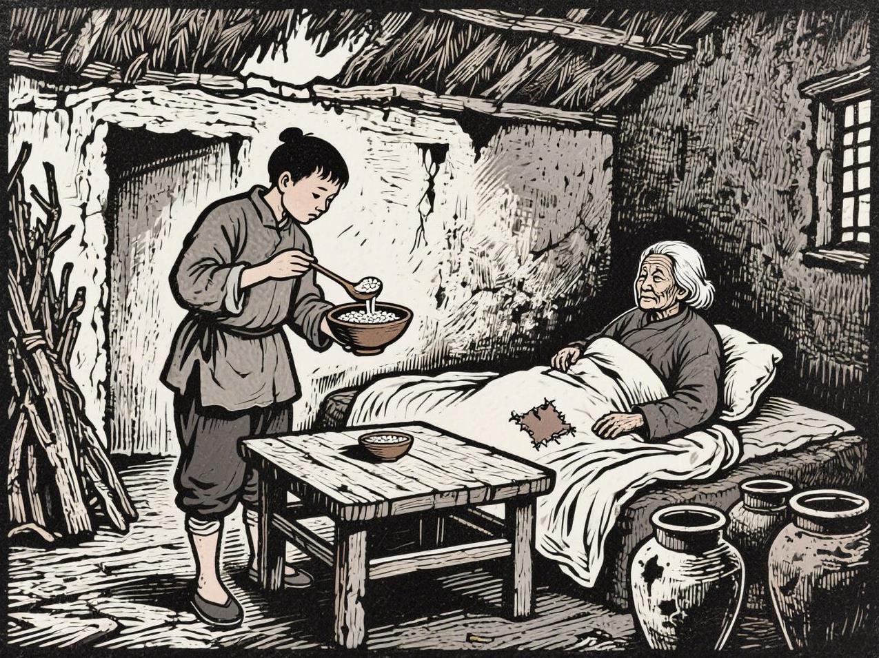 一对贫穷的农家夫妻，丈夫不到四十去世，妻子独自拉扯先天聋哑的儿子，日子艰辛；
但